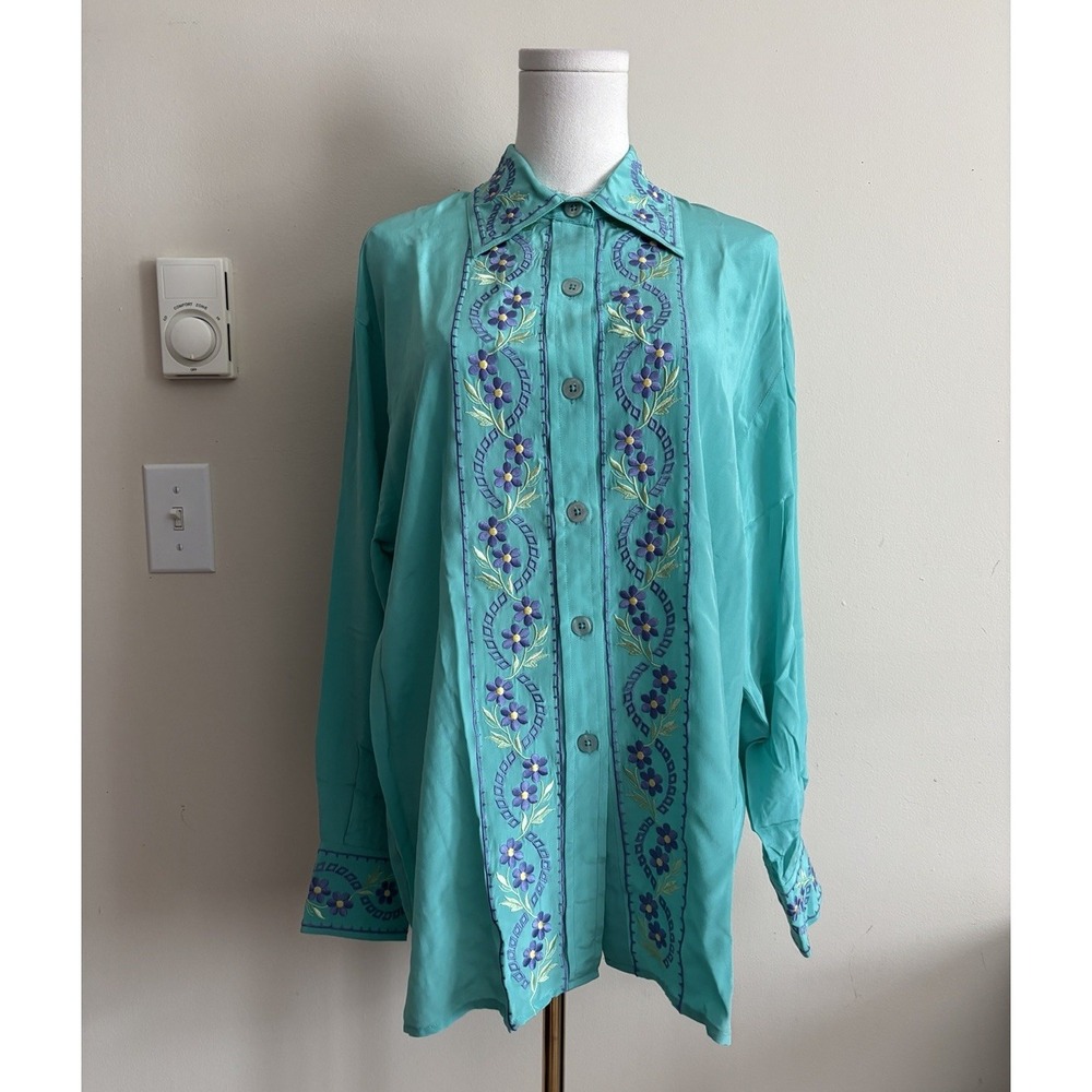 Diane von Furstenberg Medium Button Up Top Turquoise Floral Embroidered Vintage